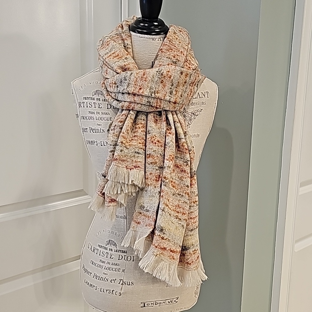 Pretty Persuasion Tan And Orange Frayed Edge Scarf/Wrap - OS - Picture 2 of 6